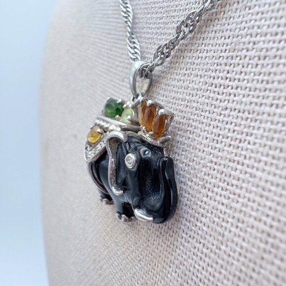 VTG Sterling Silver 925 Multi-Gemstone Elephant Pendant Necklace Size 24" Length - Picture 2 of 13
